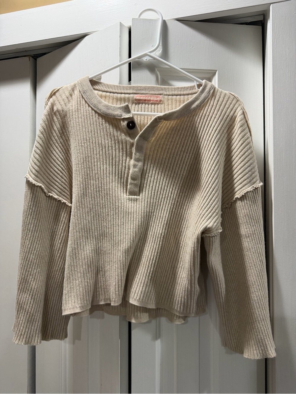 Urban Outfitters Ribbed Cropped Henley Sweatshirt - Cream